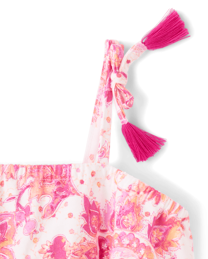 Girls Paisley Tassel Bow Shoulder Tank Top