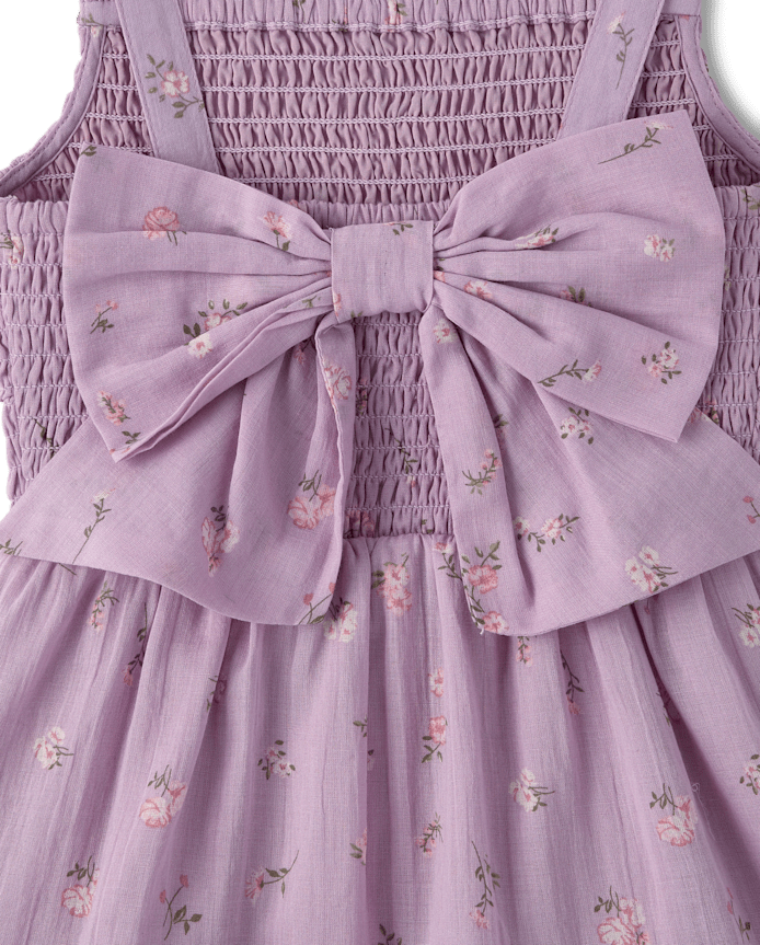 Girls Floral Textured Bow Back Dress