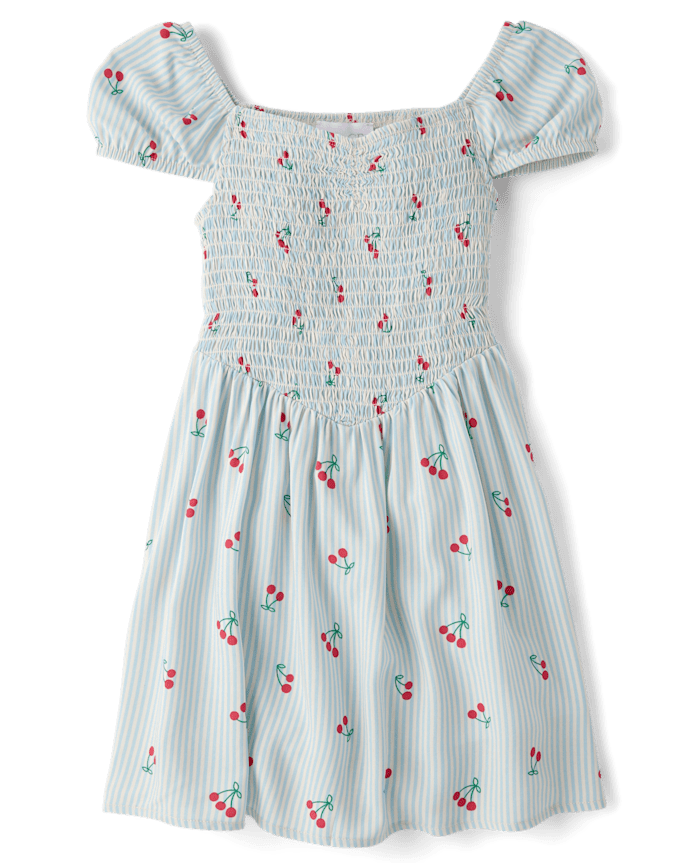 Girls Striped Cherry Smocked V-Waist Dress