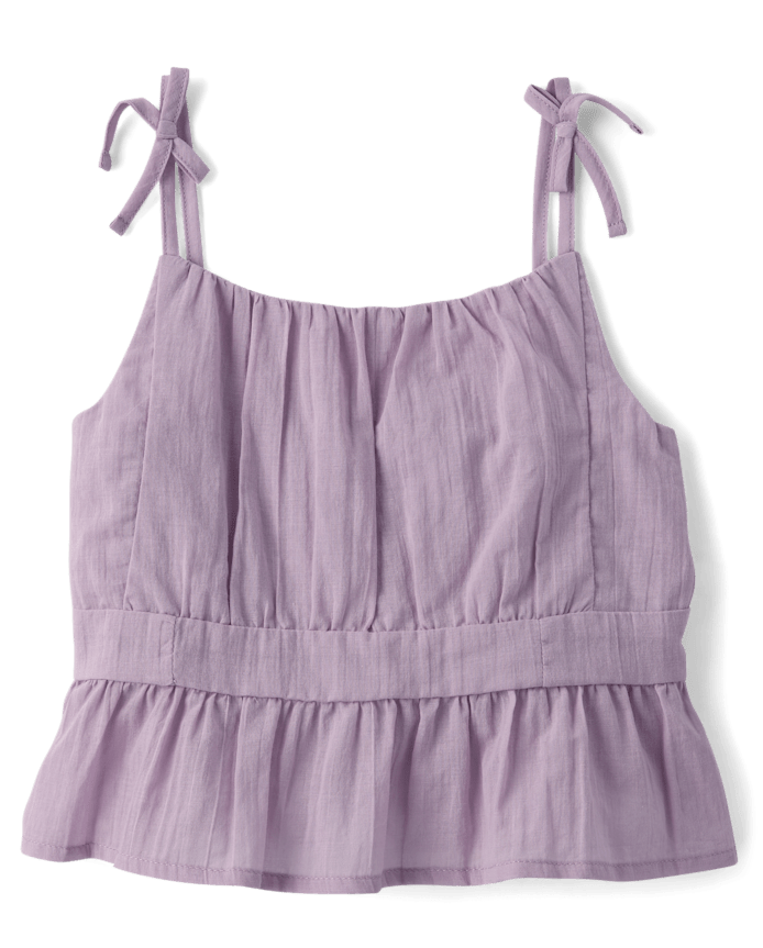 Girls Tie Shoulder Textured Tank Top