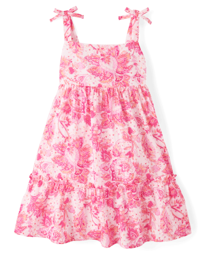 Girls Print Textured Bow Shoulder Dress