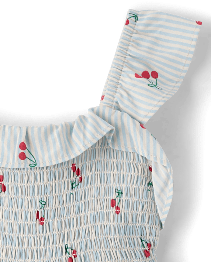 Toddler Girls Striped Cherry Smocked Ruffle Dress