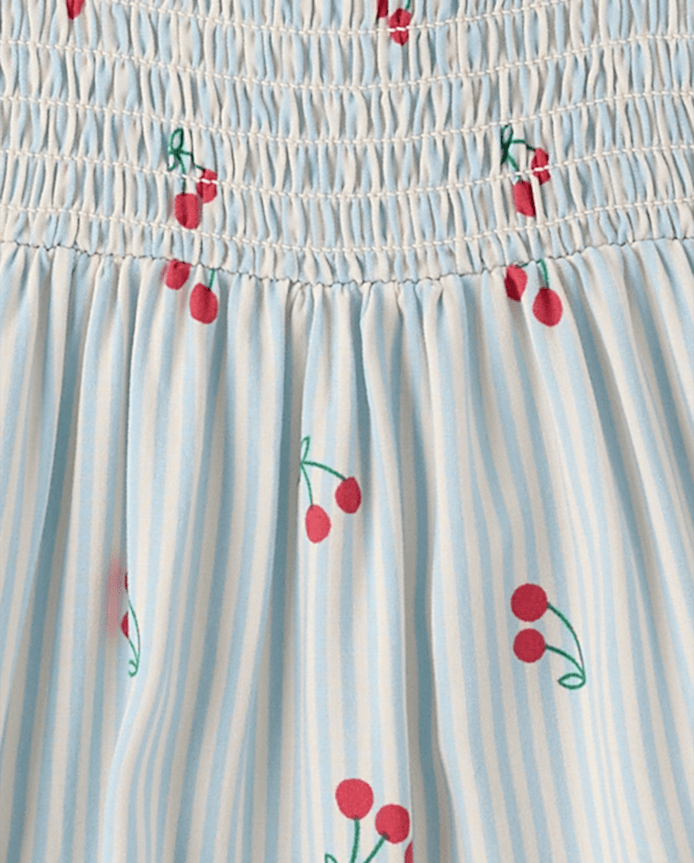 Toddler Girls Striped Cherry Smocked Ruffle Dress