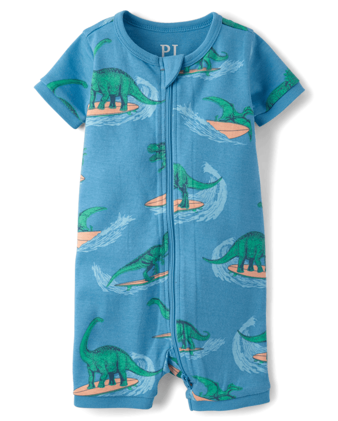 Baby And Toddler Boys Surfing Dino Snug Fit Cotton Cropped One Piece Pajamas