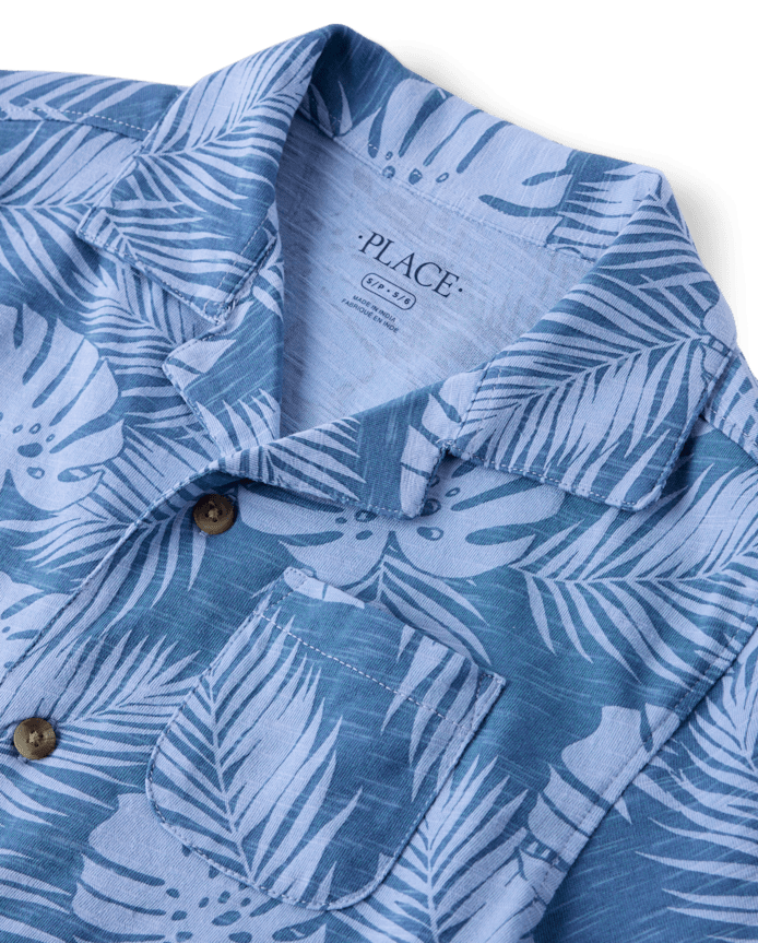 Boys Tropical Leaf Knit Button Up Shirt