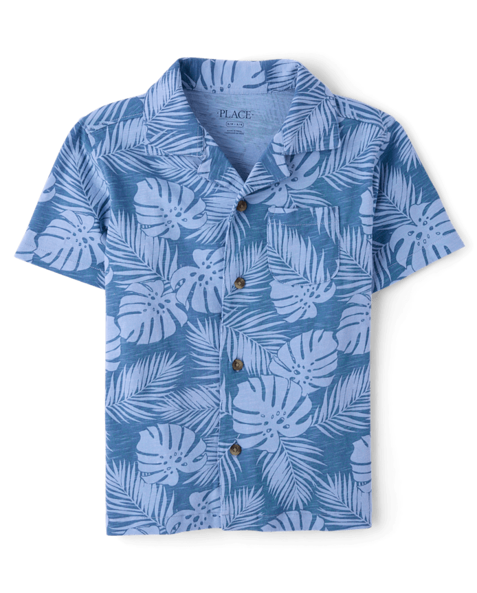 Boys Tropical Leaf Knit Button Up Shirt