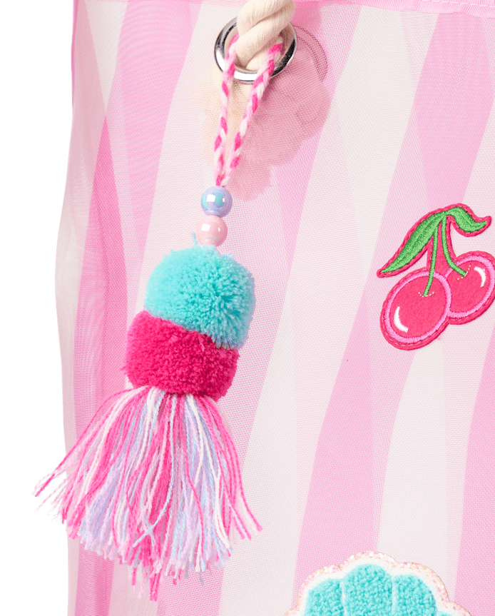 Girls Striped Embroidered Patch Beach Tote Bag