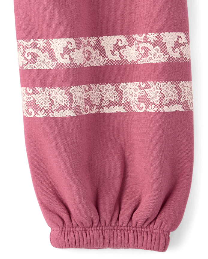 Girls Faux Lace Premium Fleece Baggy Jogger Sweatpants