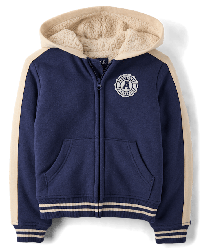 Boys Embroidered Varsity Premium Fleece Sherpa Lined Zip Up Hoodie