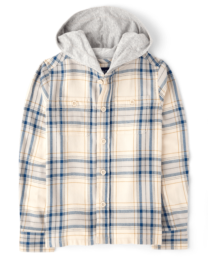Boys Plaid Flannel Hooded Button Up Shirt