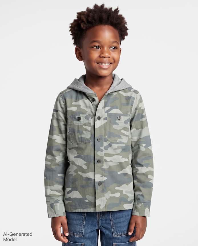Boys Camo Hooded Button Up Shirt