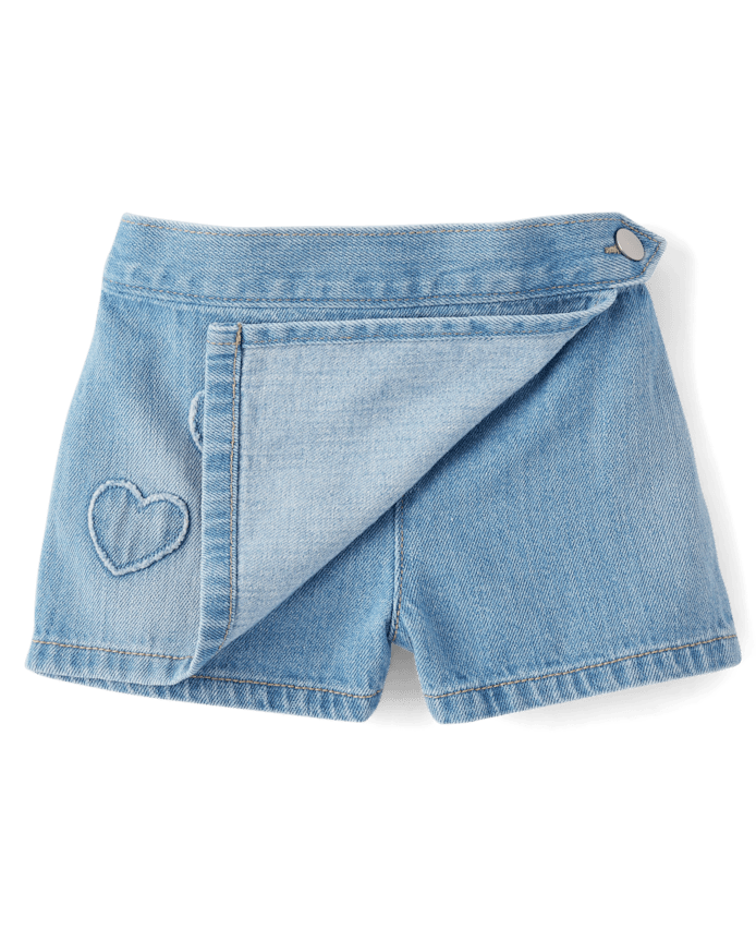 Jupe-short portefeuille en jean brodée d'un cœur pour petites filles