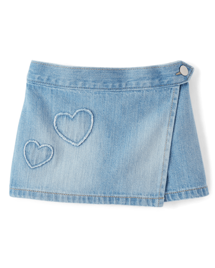 Jupe-short portefeuille en jean brodée d'un cœur pour petites filles