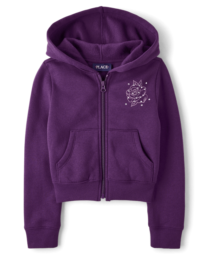 Girls Studded Rose Premium Fleece Zip Up Hoodie