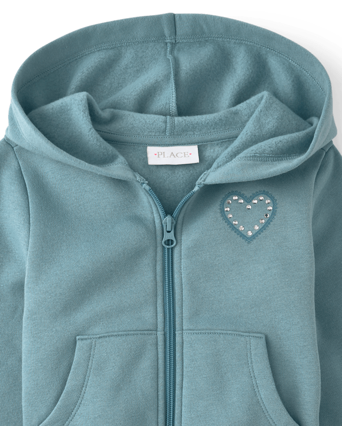 Girls Embellished Premium Fleece Cropped Zip Up Hoodie