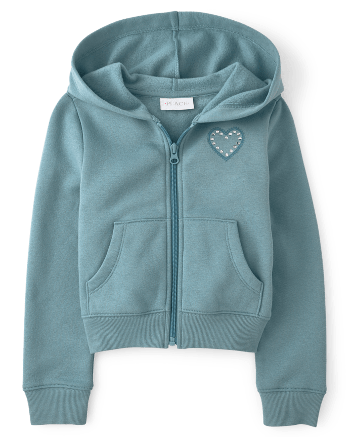 Girls Embellished Premium Fleece Cropped Zip Up Hoodie