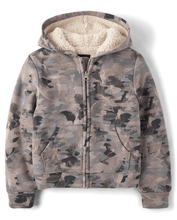 Boys Camo Premium Fleece Sherpa Lined Zip Up Hoodie