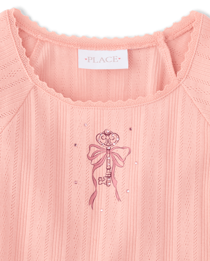 Girls Rhinestone Graphic Pointelle Top