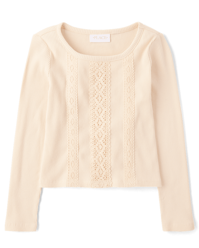 Girls Crochet Lace Trim Ribbed Top