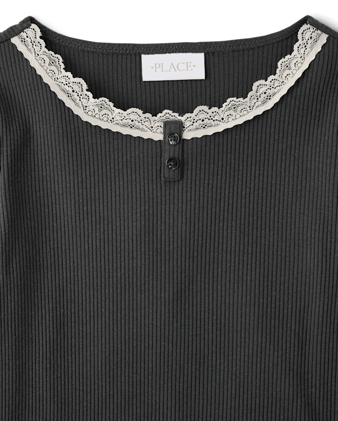 Girls Lace Neck Ribbed Henley Top