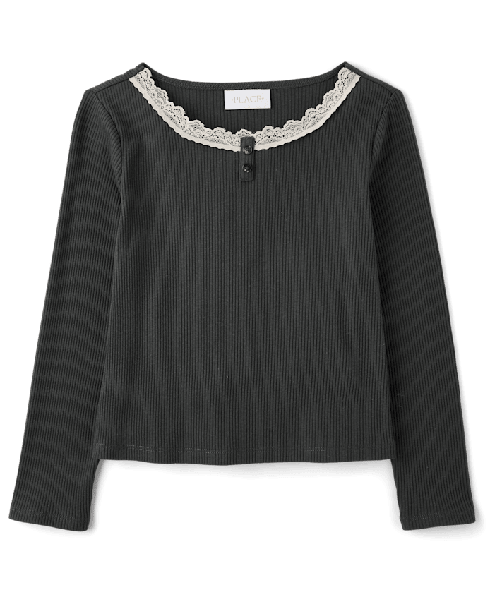 Girls Lace Neck Ribbed Henley Top