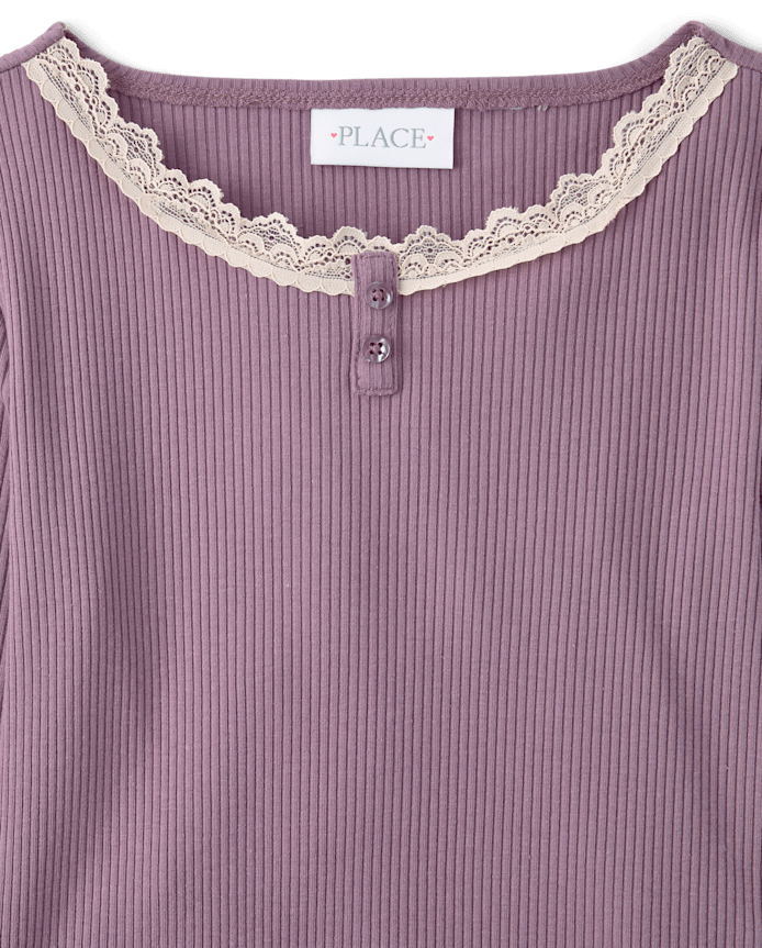 Girls Lace Neck Ribbed Henley Top