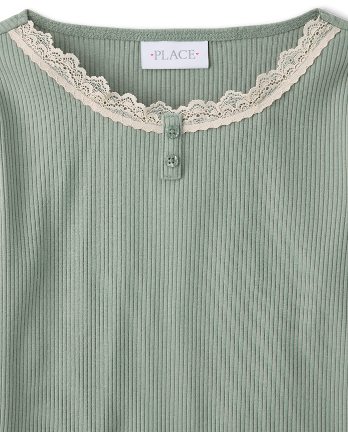 Girls Lace Neck Ribbed Henley Top