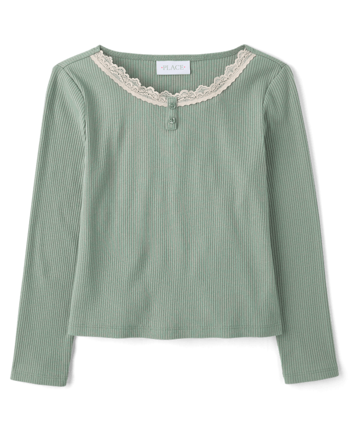 Girls Lace Neck Ribbed Henley Top