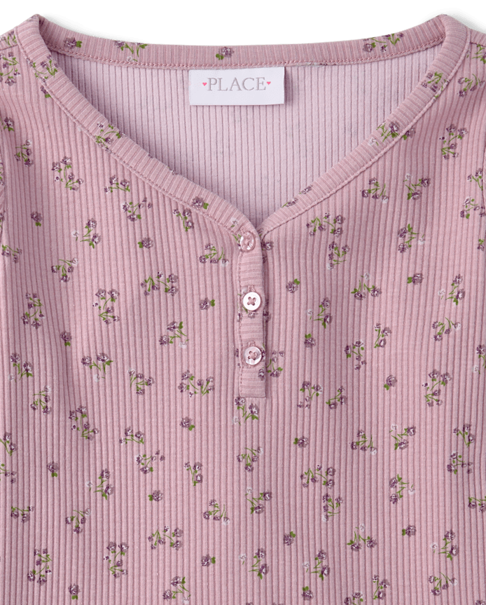 Girls Floral V-Neck Ribbed Henley Top