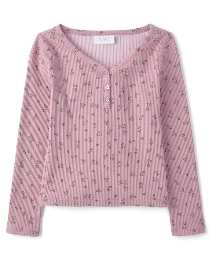 Girls Floral V-Neck Ribbed Henley Top