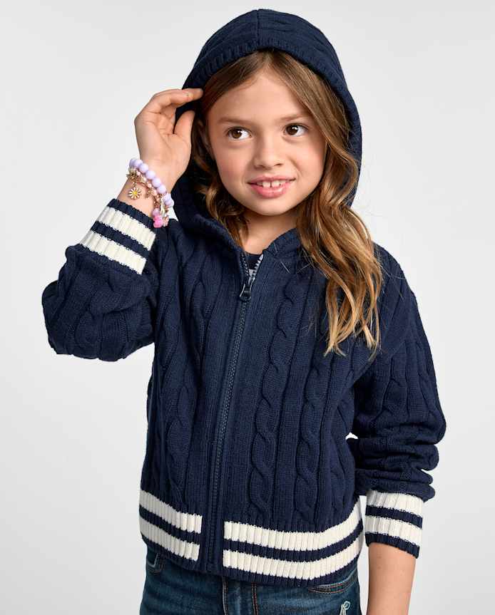 Pull à capuche zippé en maille torsadée pour fille