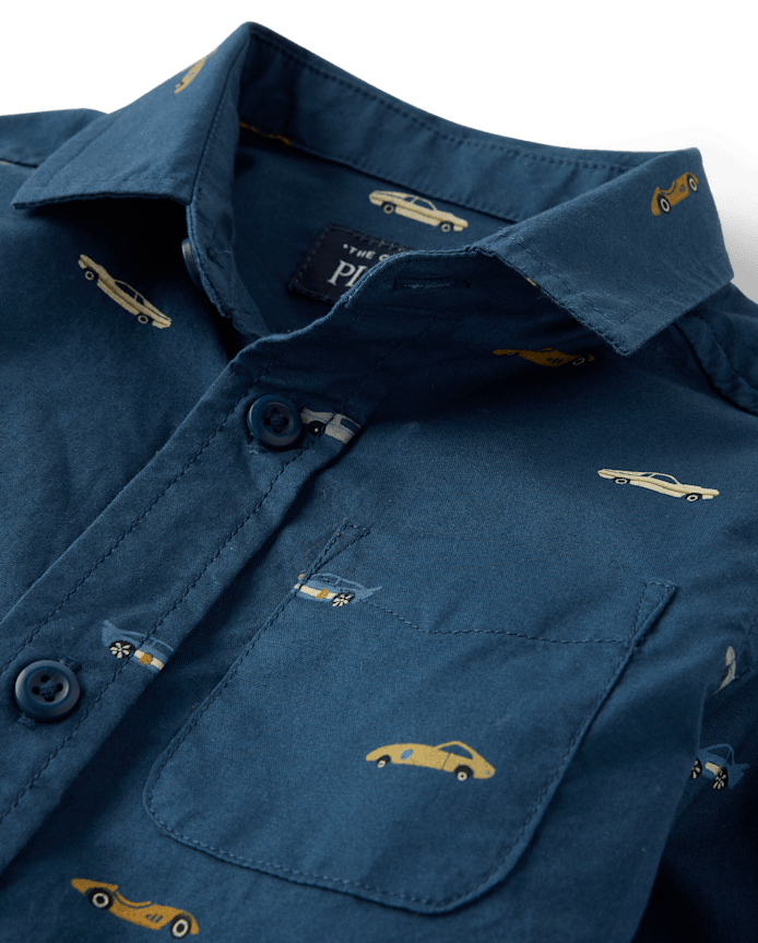 Chemise boutonnée en popeline à motifs de voitures course pour bébés et petits garçons