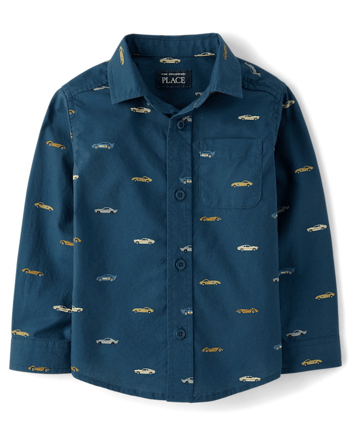 Chemise boutonnée en popeline à motifs de voitures course pour bébés et petits garçons