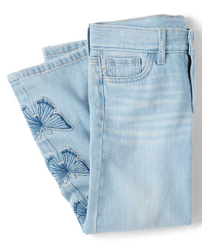 Girls Applique Butterfly Wide Leg Jeans