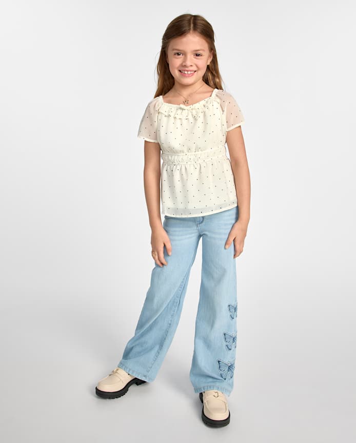 Girls Applique Butterfly Wide Leg Jeans