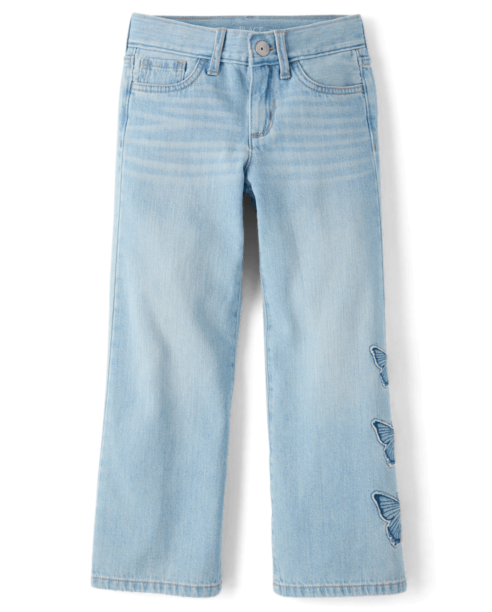 Girls Applique Butterfly Wide Leg Jeans