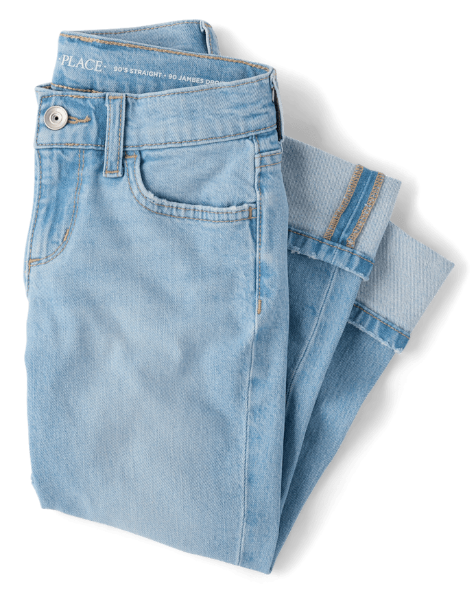 Girls Ripped Roll Cuff 90s Straight Jeans