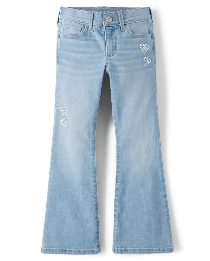 Girls Rhinestone Heart Flare Jeans