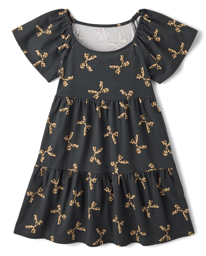 Girls Leopard Bow Tiered Flutter Dress