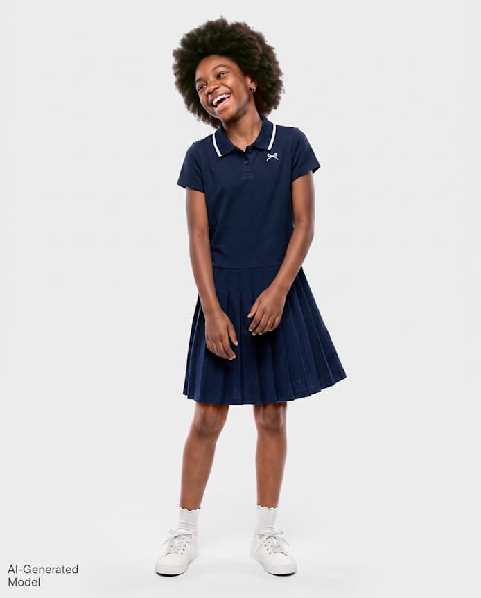Girls Embroidered Icon Drop Waist Polo Dress