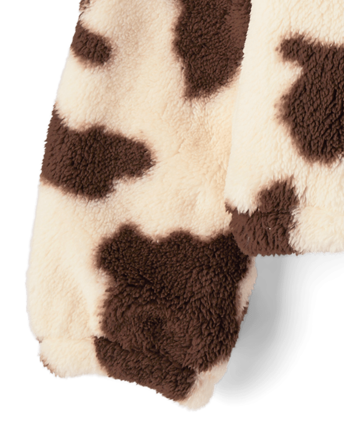 Girls Cow Print Sherpa Zip Up Jacket