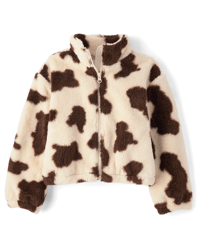 Girls Cow Print Sherpa Zip Up Jacket