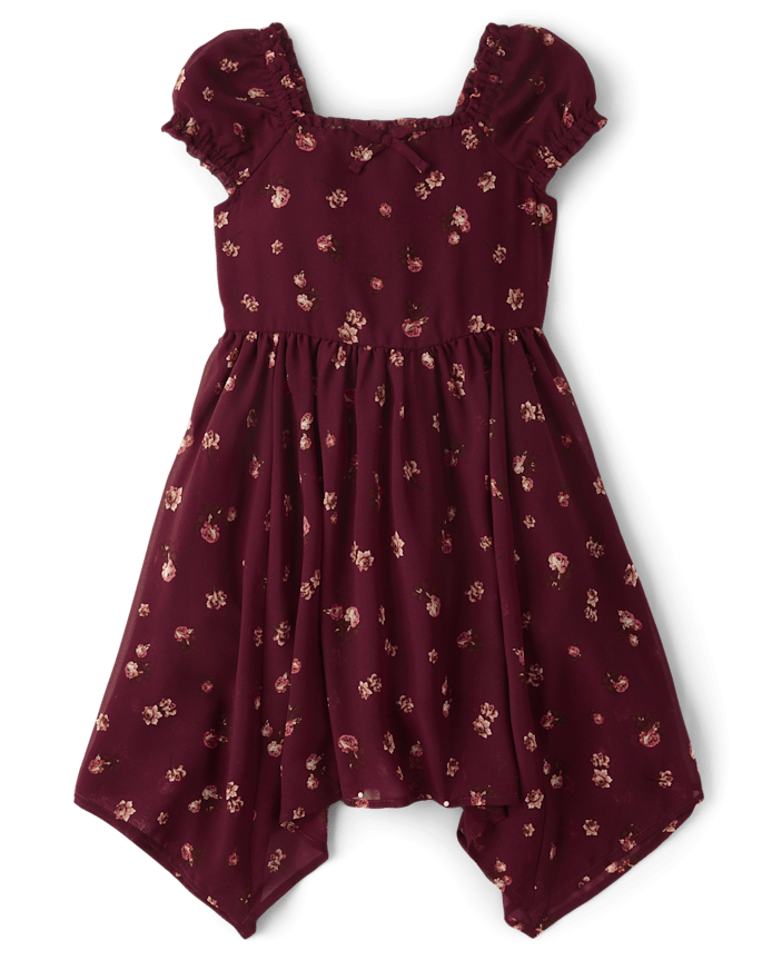 Girls Floral Chiffon Hanky Hem Dress