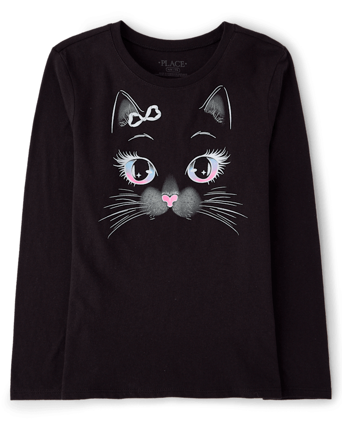 Girls Glow Halloween Cat Face Graphic Tee