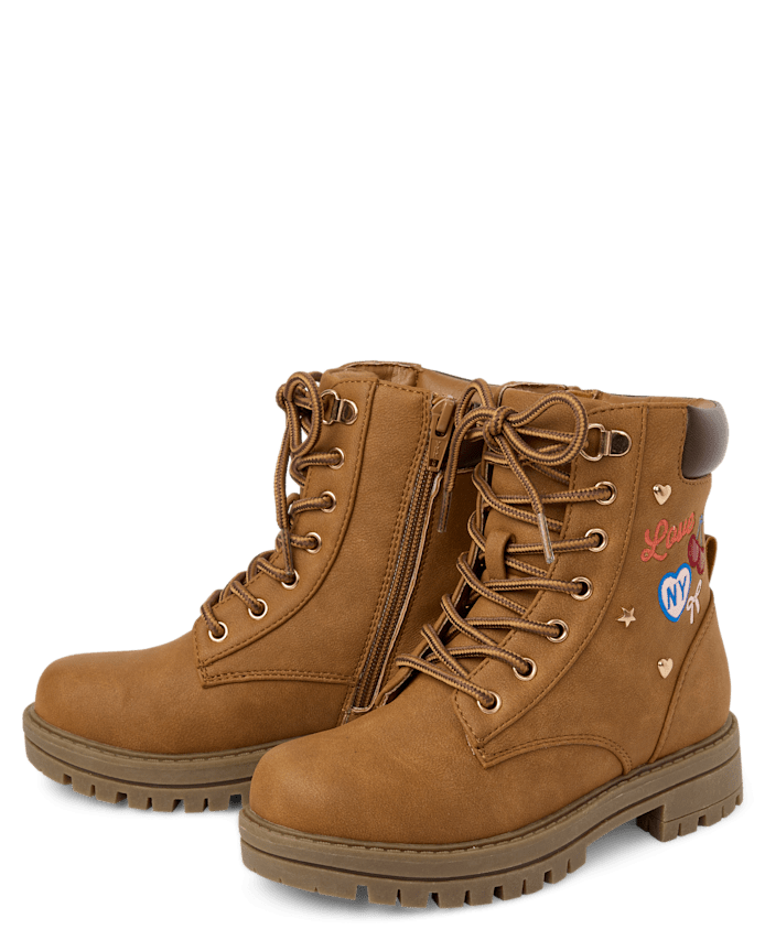 Girls Embroidered Patch Workwear Boots