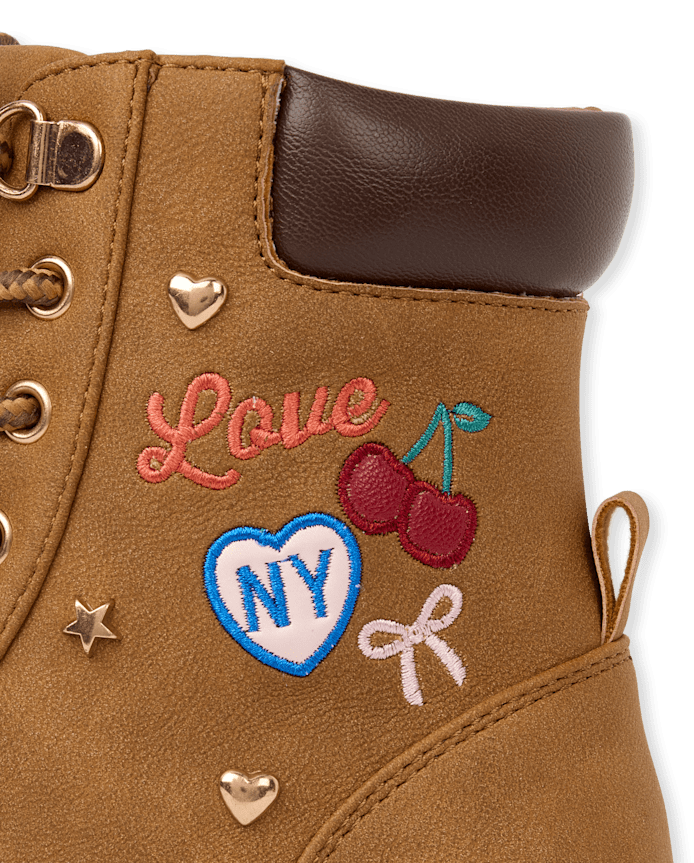 Girls Embroidered Patch Workwear Boots