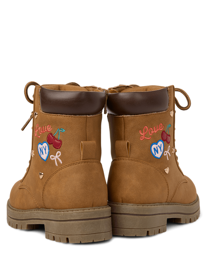 Girls Embroidered Patch Workwear Boots