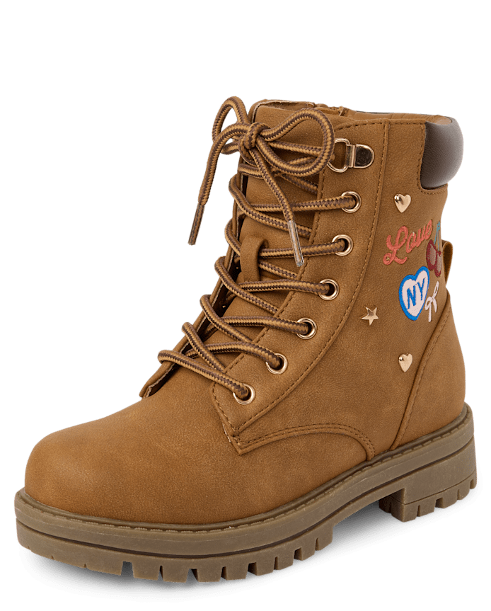 Girls Embroidered Patch Workwear Boots