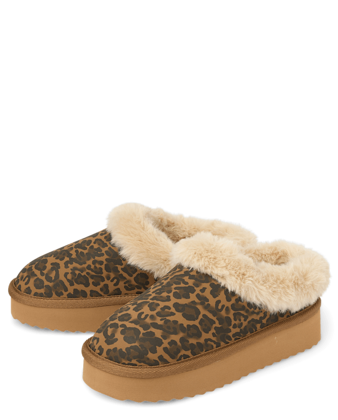 Girls Leopard Teddy Slip Ons