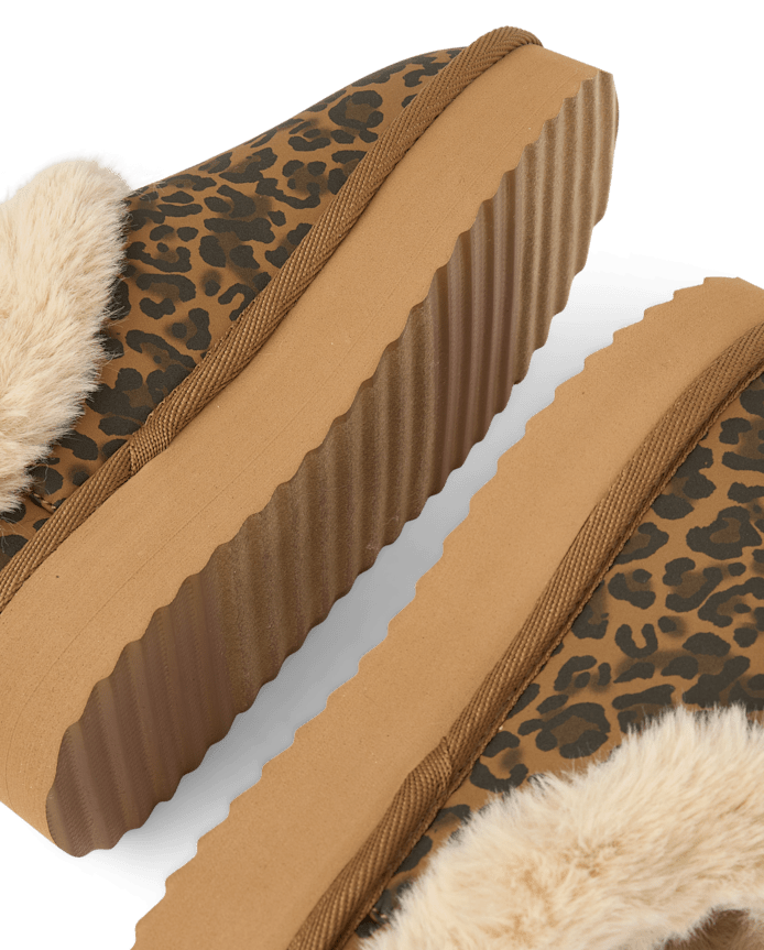 Girls Leopard Teddy Slip Ons
